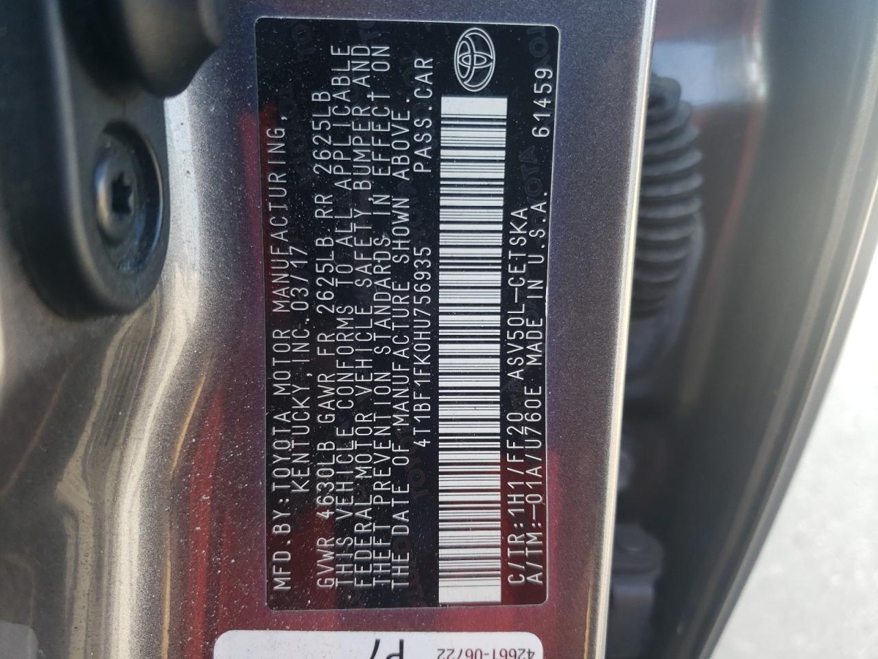 Photo 10 from auction – 2017 TOYOTA CAMRY LE with VIN 4T1BF1FK0HU756935