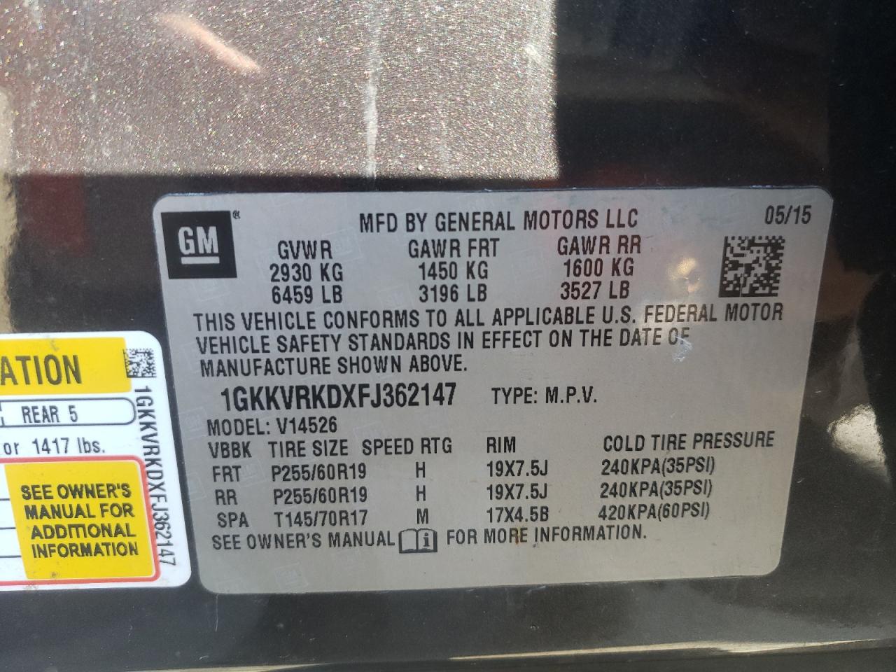 Photo 10 from auction – 2015 GMC ACADIA SLT with VIN 1GKKVRKDXFJ362147