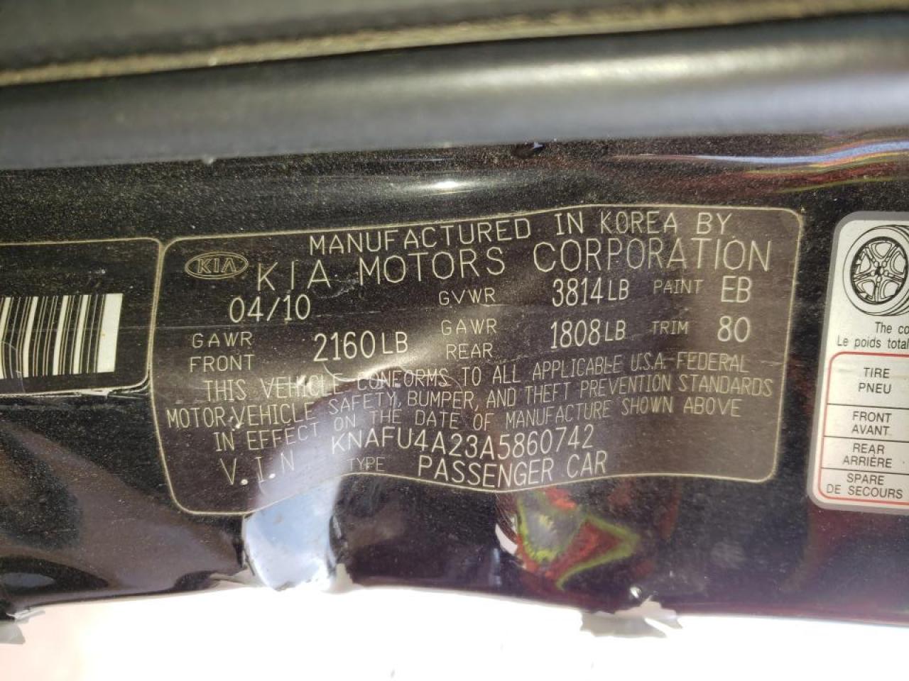 Photo 10 from auction – 2010 KIA FORTE EX with VIN KNAFU4A23A5860742