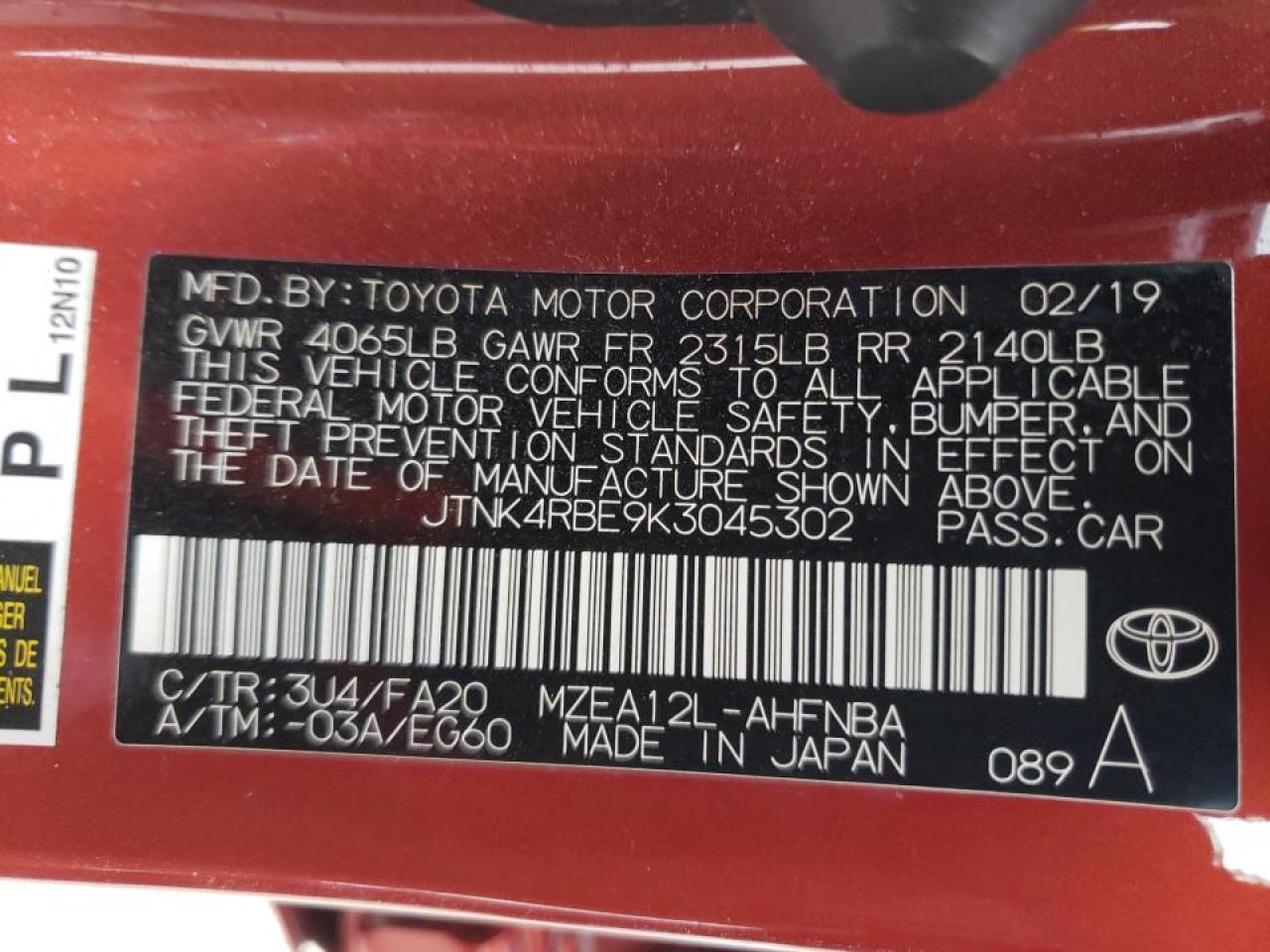 Photo 10 from auction – 2019 TOYOTA COROLLA SE with VIN JTNK4RBE9K3045302