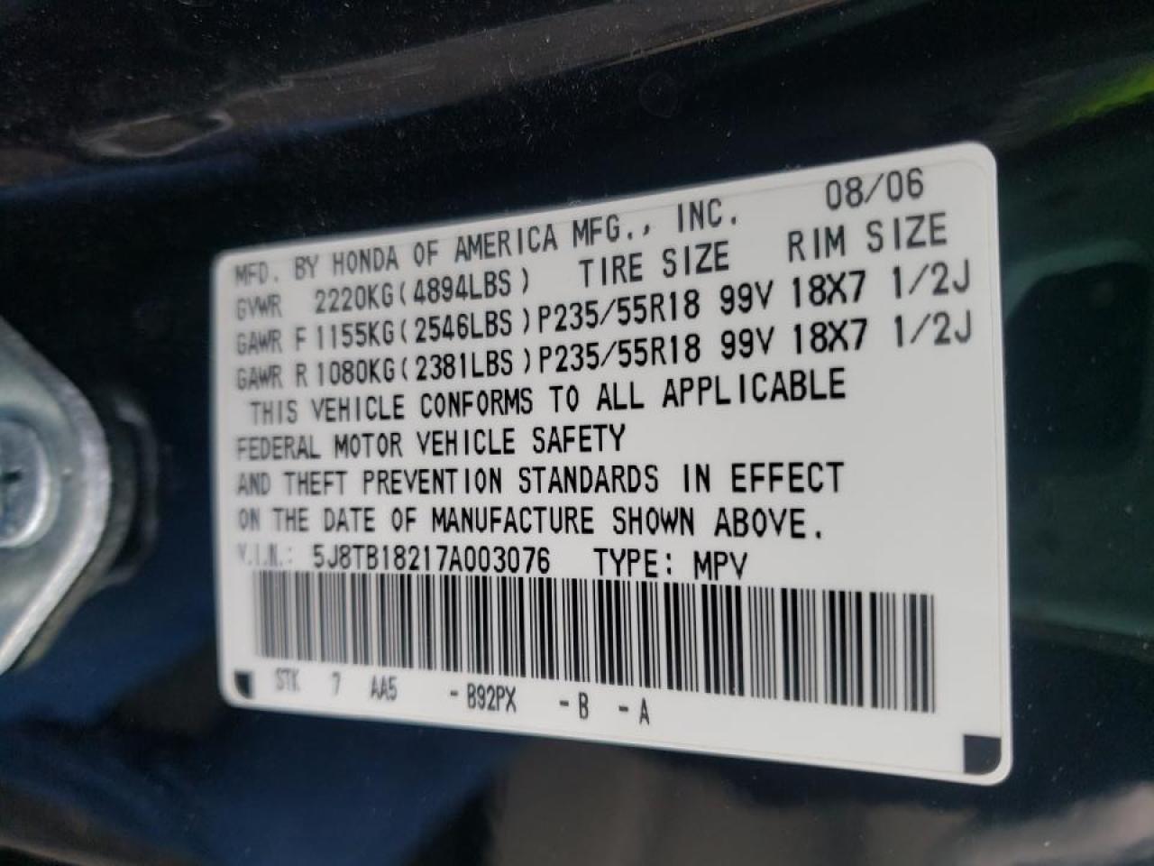 Photo 10 from auction – 2007 ACURA RDX with VIN 5J8TB18217A003076