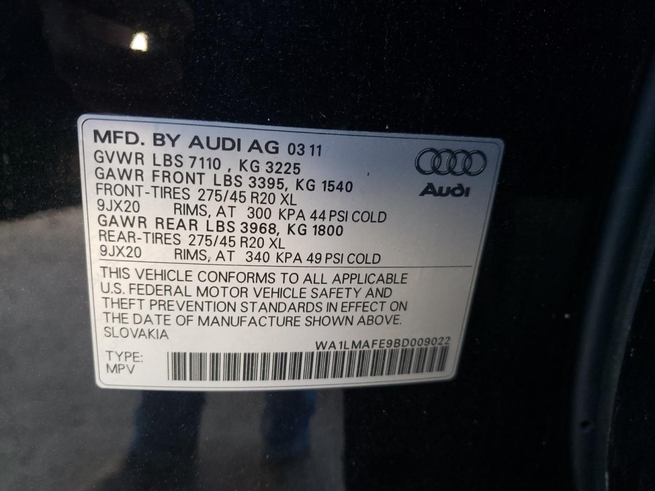 Photo 10 from auction – 2011 AUDI Q7 PREMIUM with VIN WA1LMAFE9BD009022