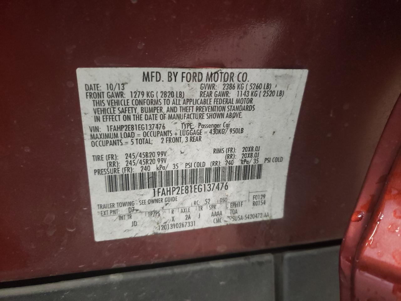 Photo 10 from auction – 2014 FORD TAURUS SEL with VIN 1FAHP2E81EG137476