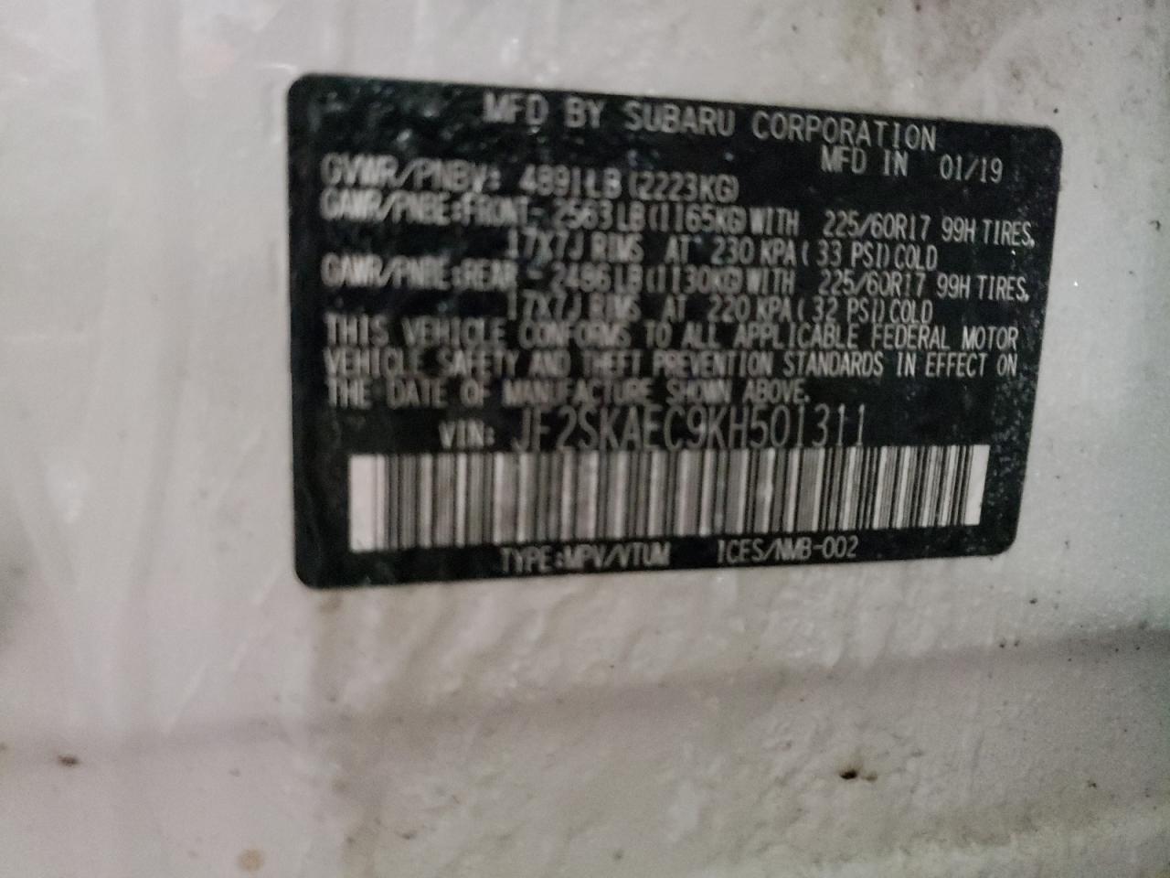 Photo 10 from auction – 2019 SUBARU FORESTER P with VIN JF2SKAEC9KH501311