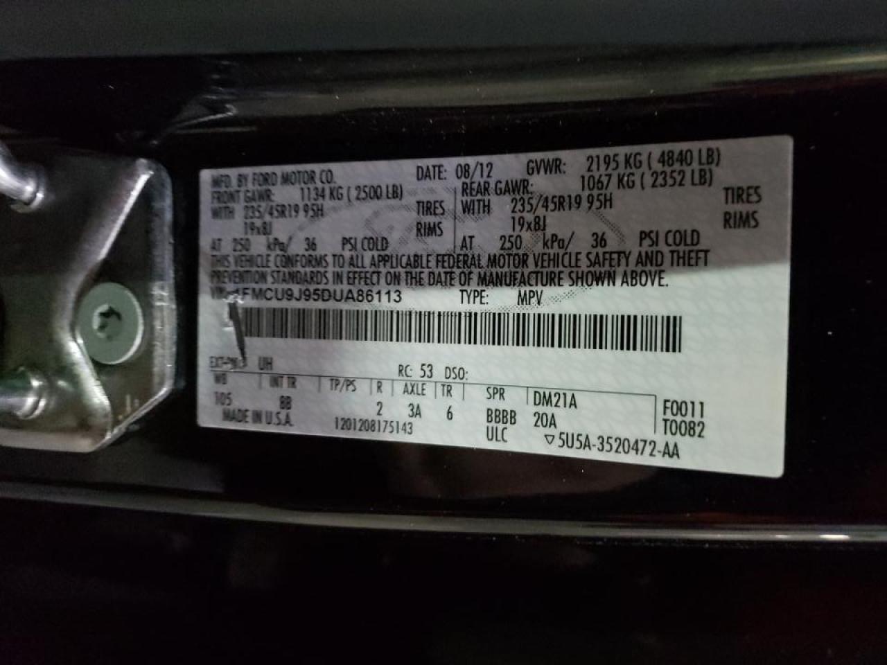 Photo 10 from auction – 2013 FORD ESCAPE TIT with VIN 1FMCU9J95DUA86113