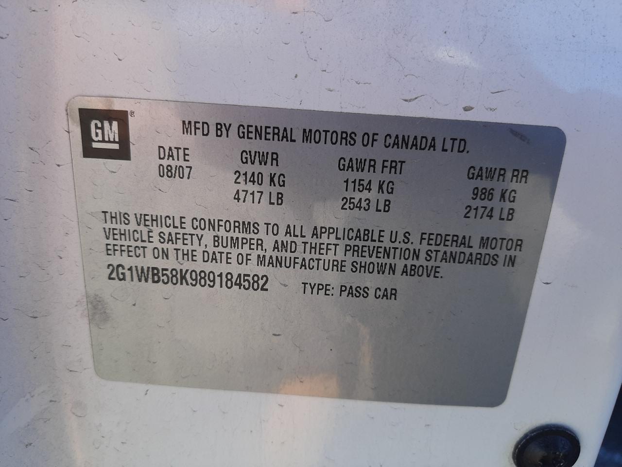Photo 10 from auction – 2008 CHEVROLET IMPALA LS with VIN 2G1WB58K989184582