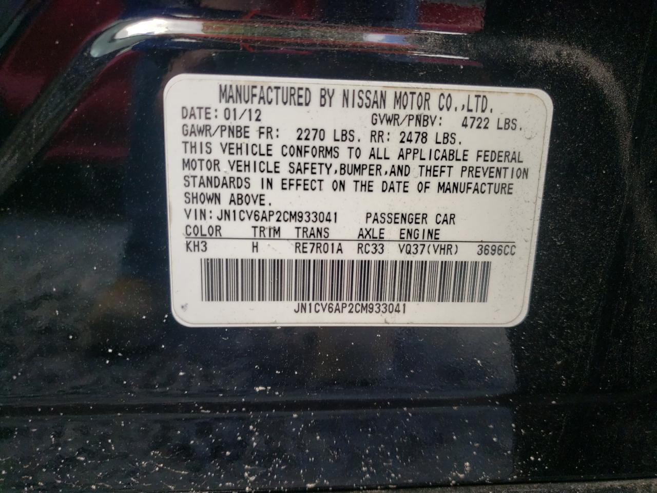 Photo 10 from auction – 2012 INFINITI G37 BASE with VIN JN1CV6AP2CM933041