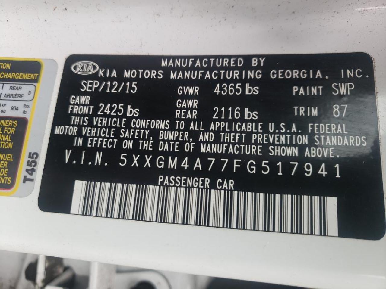 Photo 10 from auction – 2015 KIA OPTIMA LX with VIN 5XXGM4A77FG517941
