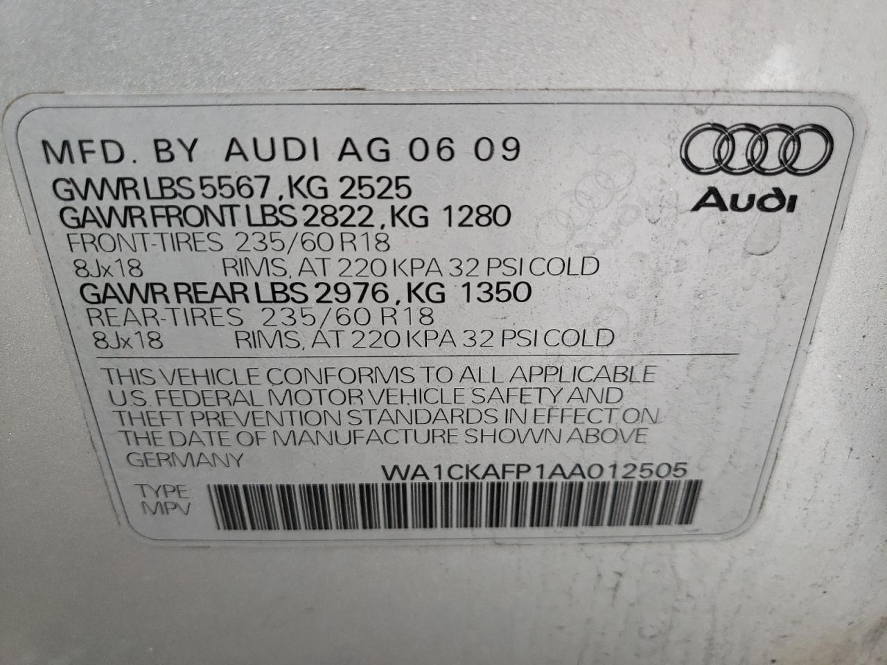 Photo 10 from auction – 2010 AUDI Q5 PREMIUM with VIN WA1CKAFP1AA012505