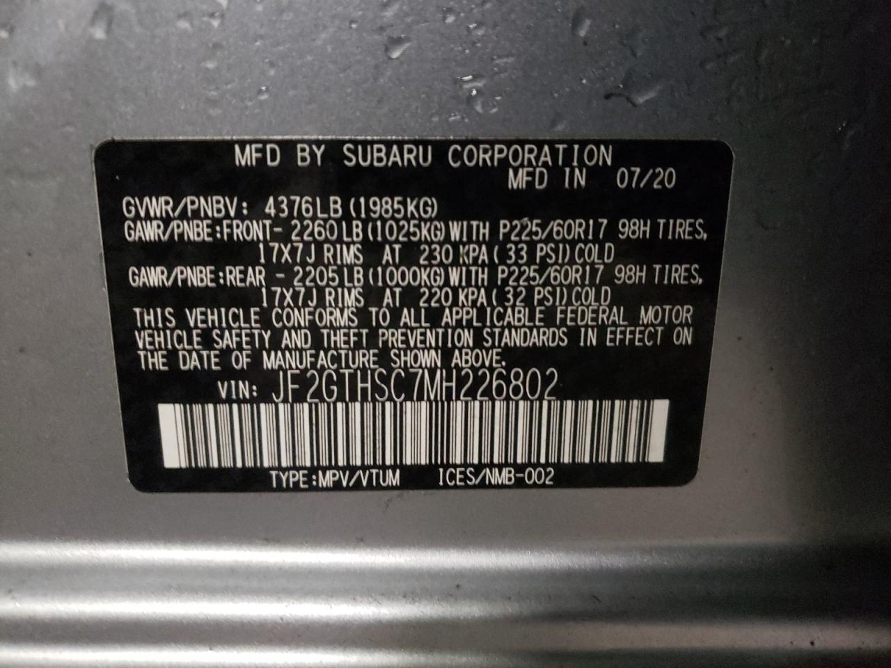 Photo 10 from auction – 2021 SUBARU CROSSTREK with VIN JF2GTHSC7MH226802