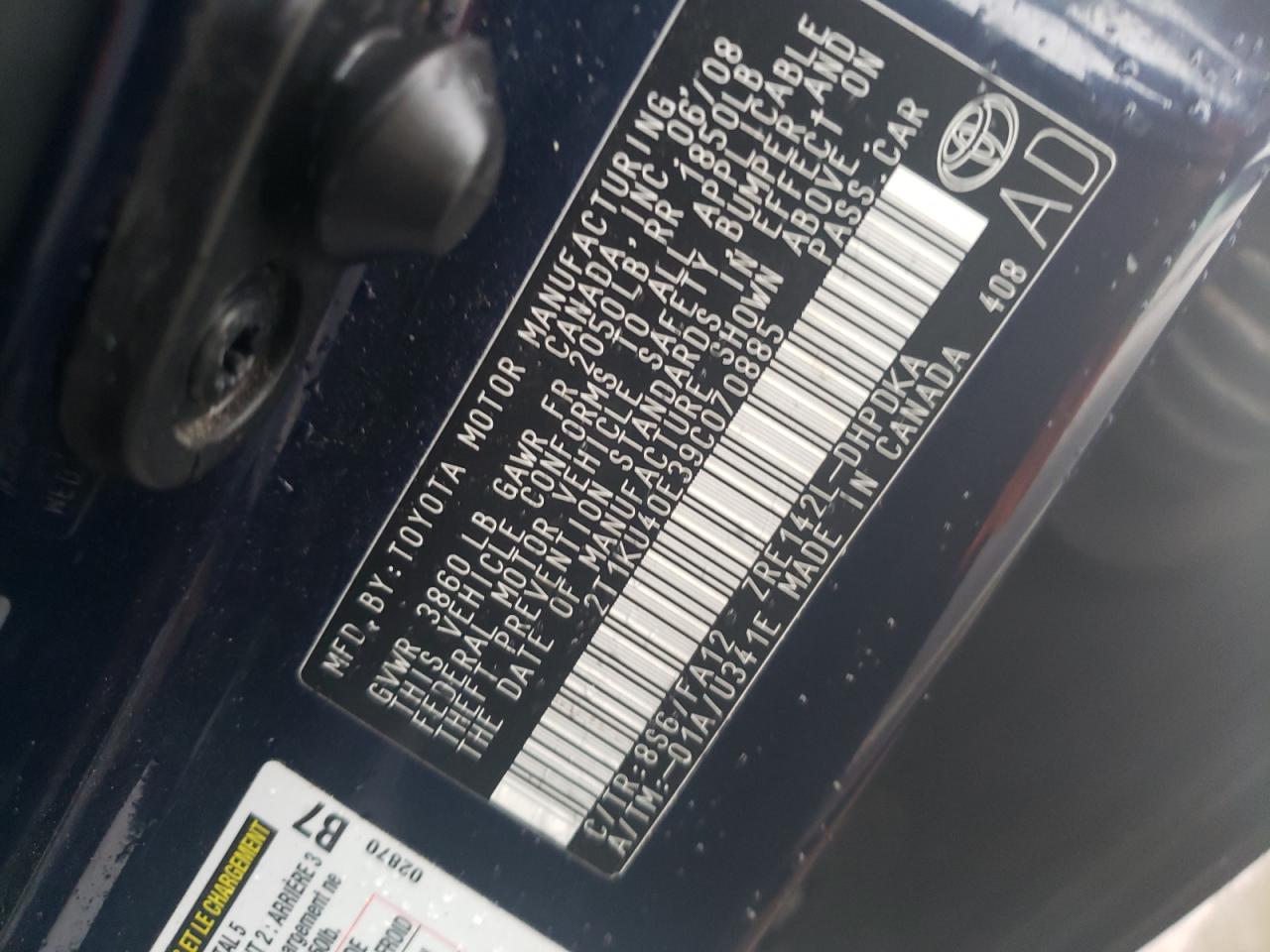 Photo 10 from auction – 2009 TOYOTA COROLLA MA with VIN 2T1KU40E39C070885