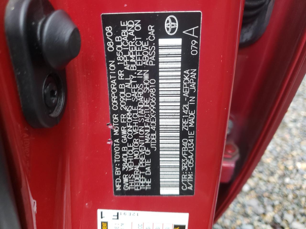 Photo 10 from auction – 2009 TOYOTA COROLLA BA with VIN JTDBL40EX99069810