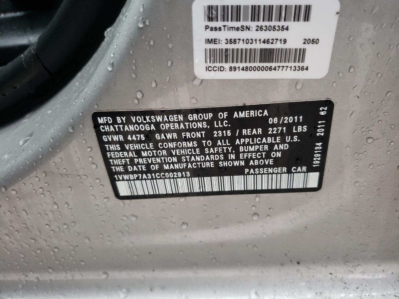 Photo 10 from auction – 2012 VOLKSWAGEN PASSAT SE with VIN 1VWBP7A31CC002913