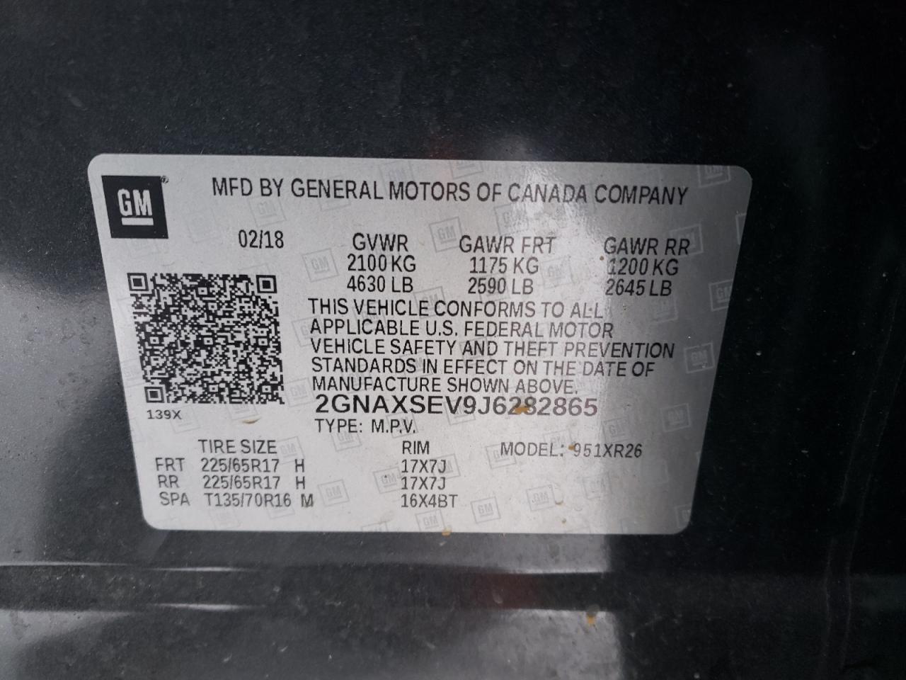 Photo 10 from auction – 2018 CHEVROLET EQUINOX LT with VIN 2GNAXSEV9J6282865
