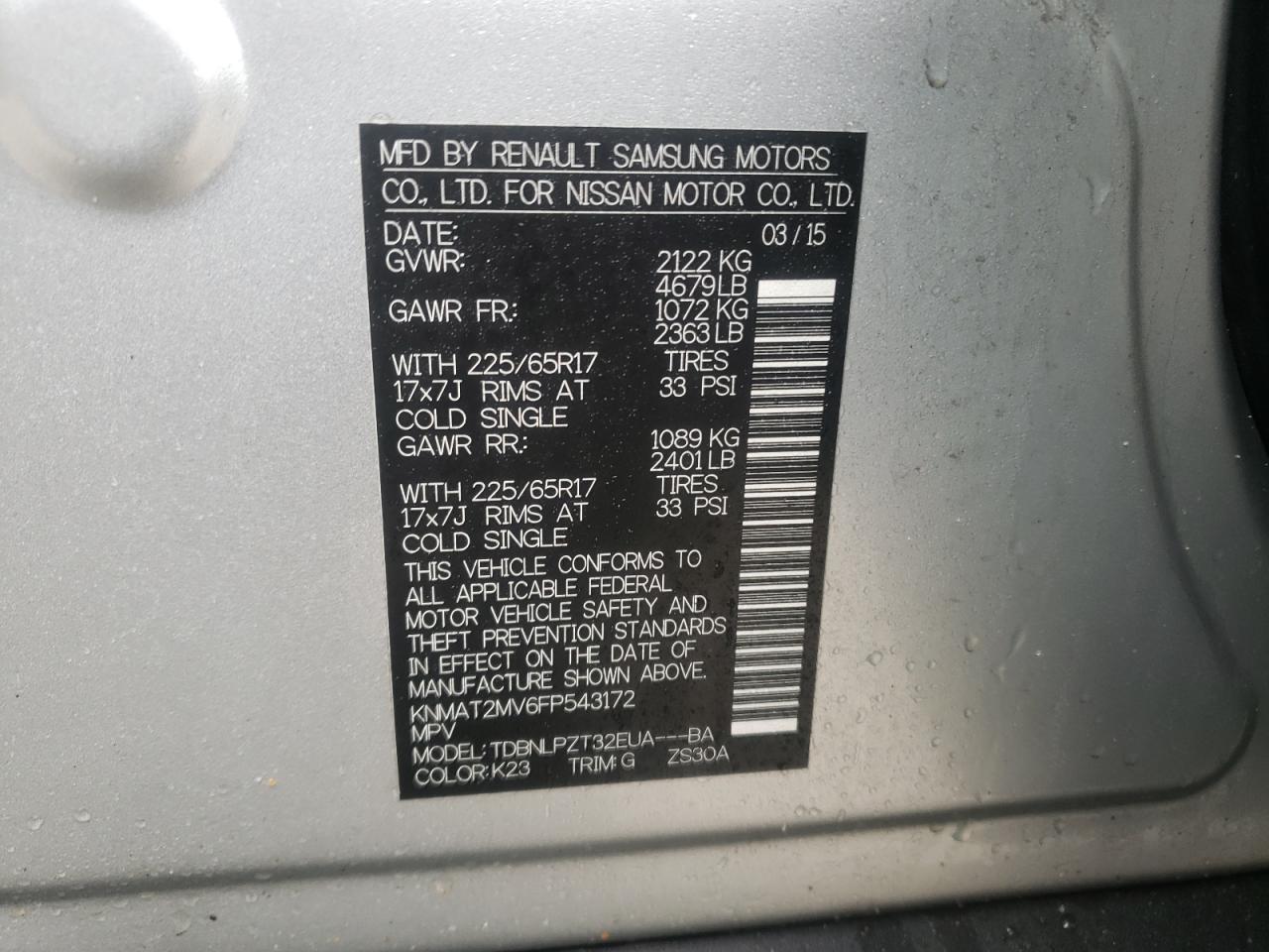 Photo 10 from auction – 2015 NISSAN ROGUE S with VIN KNMAT2MV6FP543172