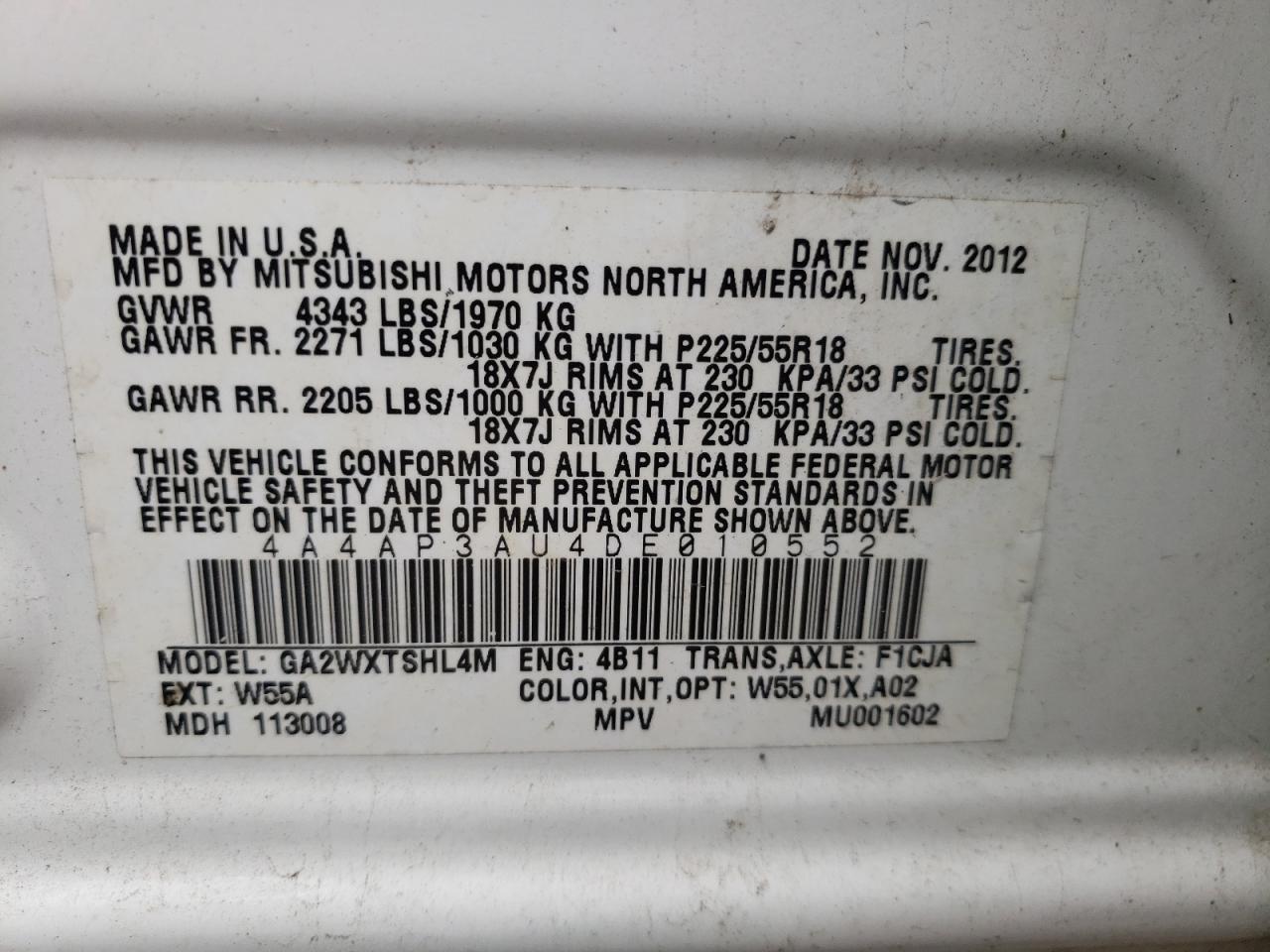 Photo 10 from auction – 2013 MITSUBISHI OUTLANDER with VIN 4A4AP3AU4DE010552