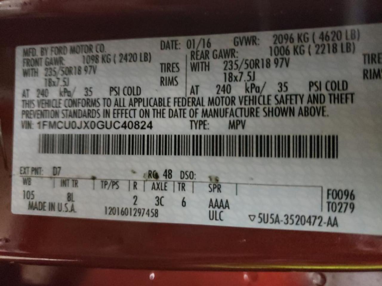 Photo 10 from auction – 2016 FORD ESCAPE TIT with VIN 1FMCU0JX0GUC40824