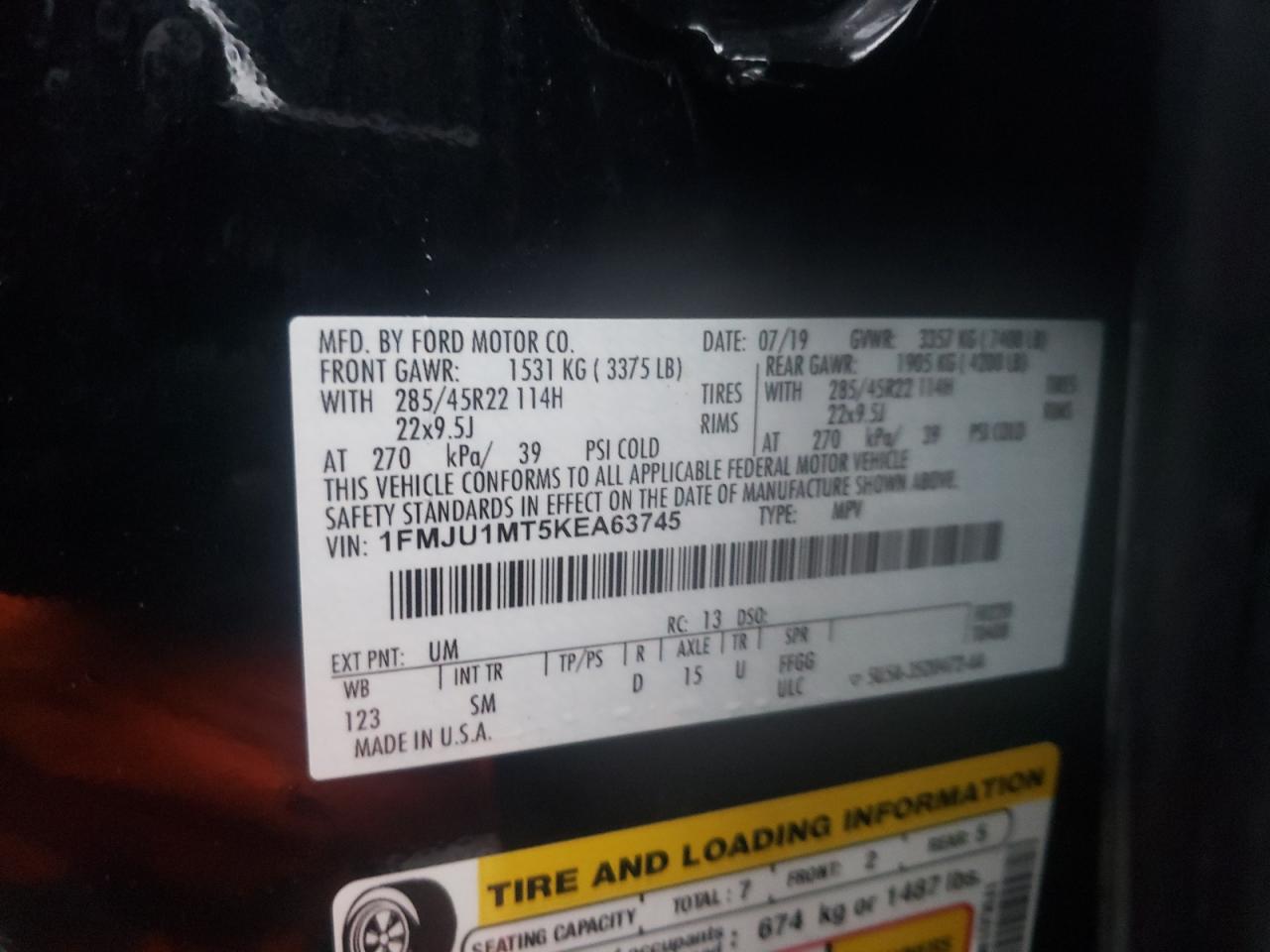 Photo 10 from auction – 2019 FORD EXPEDITION with VIN 1FMJU1MT5KEA63745