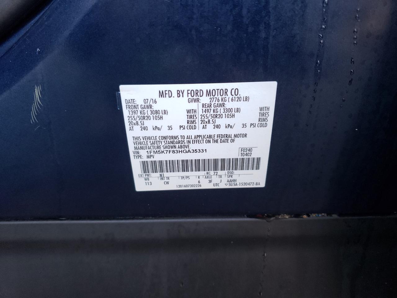 Photo 10 from auction – 2017 FORD EXPLORER L with VIN 1FM5K7F83HGA35331