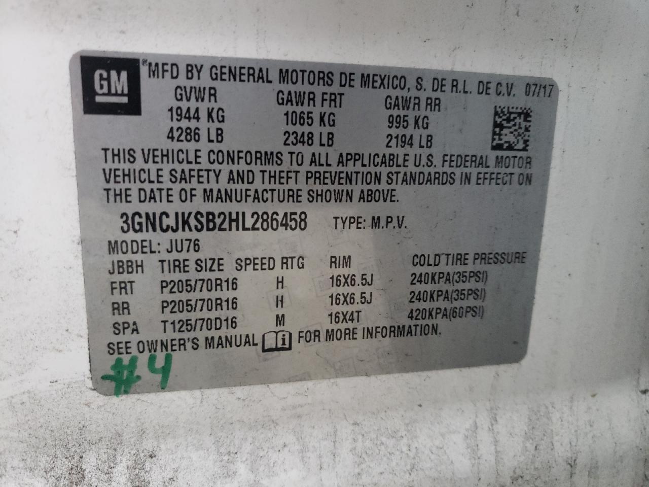 Photo 10 from auction – 2017 CHEVROLET TRAX LS with VIN 3GNCJKSB2HL286458