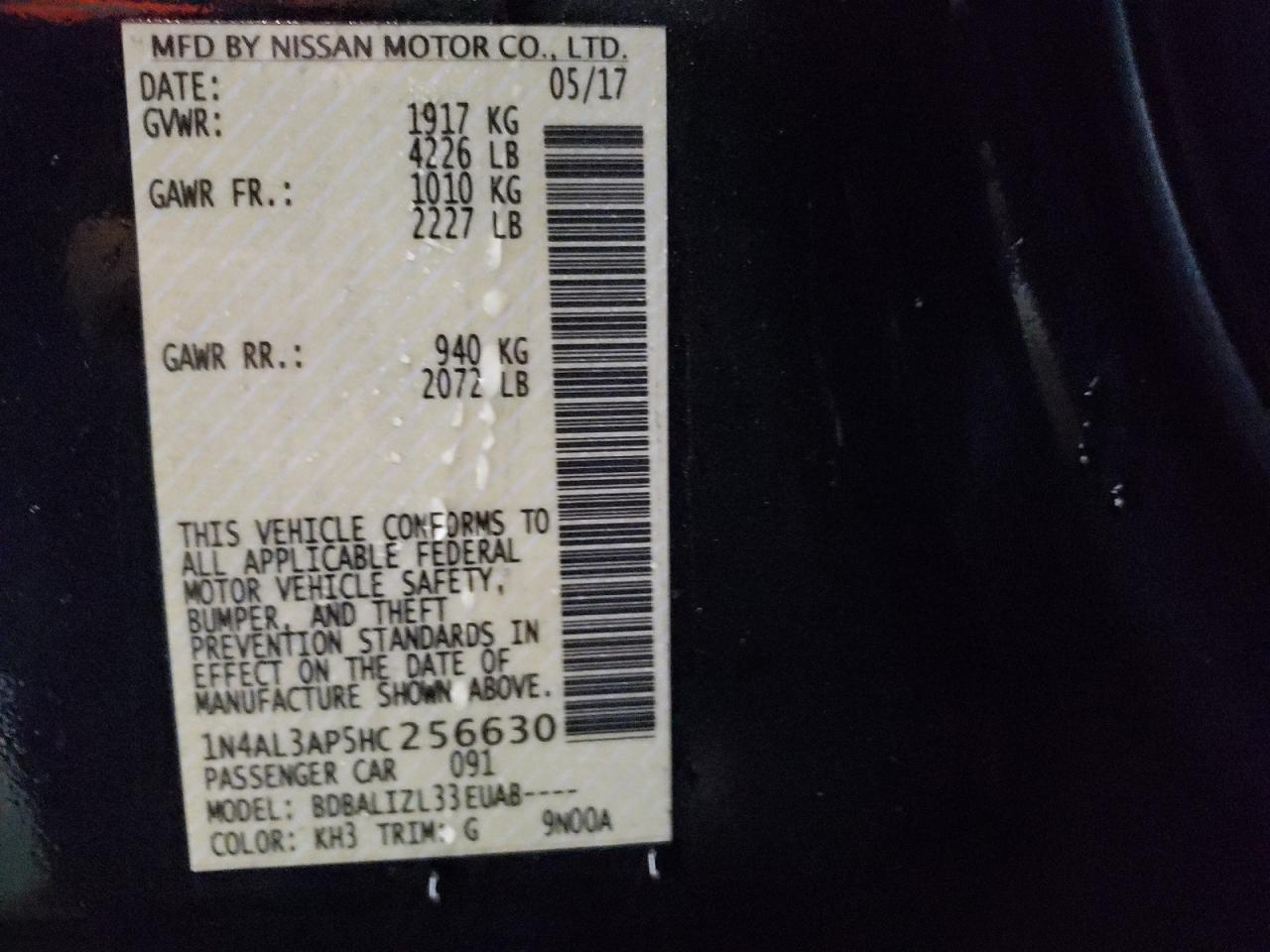 Photo 10 from auction – 2017 NISSAN ALTIMA 2.5 with VIN 1N4AL3AP5HC256630