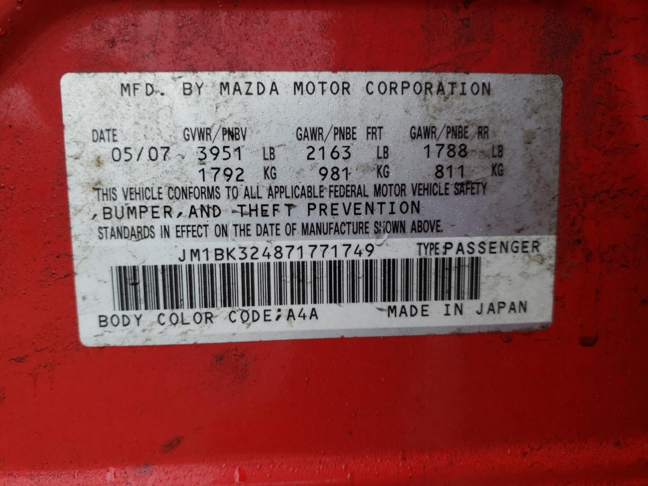 Photo 10 from auction – 2007 MAZDA 3 S with VIN JM1BK324871771749