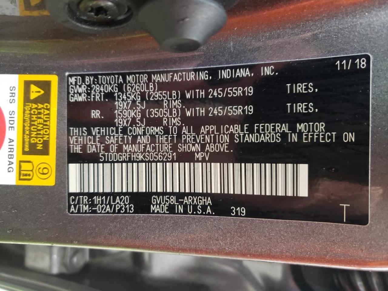 Photo 10 from auction – 2019 TOYOTA HIGHLANDER with VIN 5TDDGRFH9KS056291