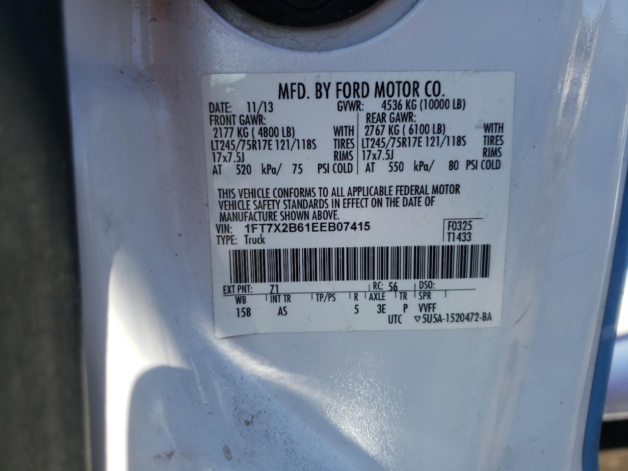 Photo 10 from auction – 2014 FORD F250 SUPER with VIN 1FT7X2B61EEB07415