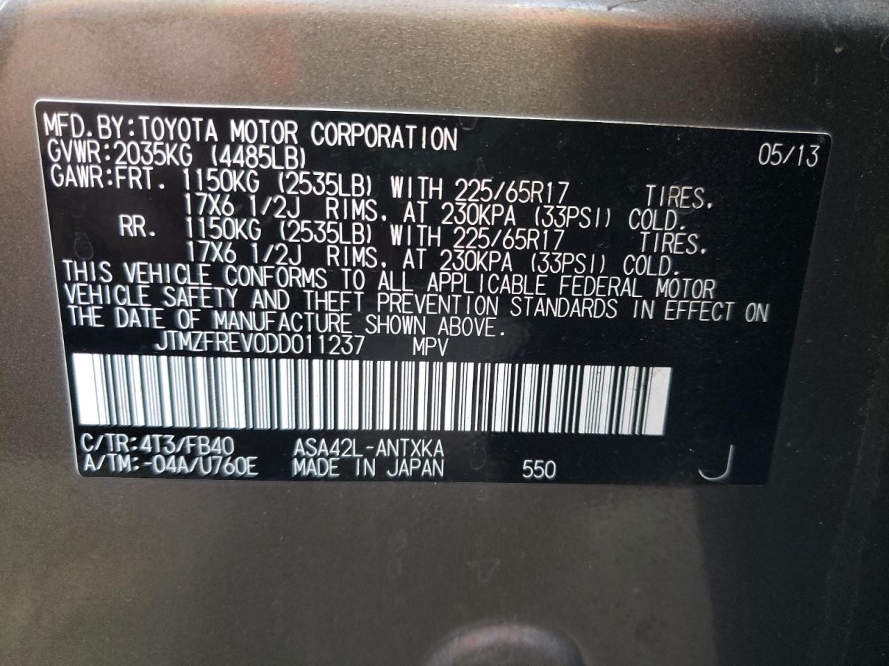 Photo 10 from auction – 2013 TOYOTA RAV4 LE with VIN JTMZFREV0DD011237