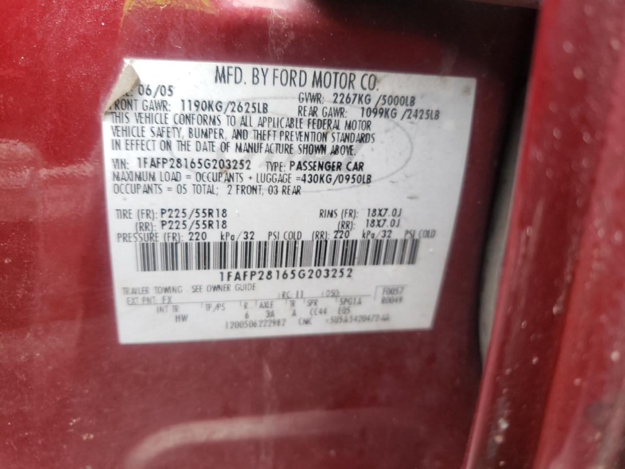 Photo 10 from auction – 2005 FORD FIVE HUNDR with VIN 1FAFP28165G203252