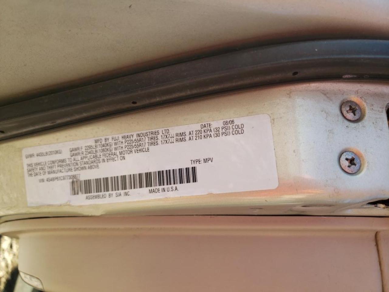 Photo 10 from auction – 2007 SUBARU LEGACY OUT with VIN 4S4BP61C977308877