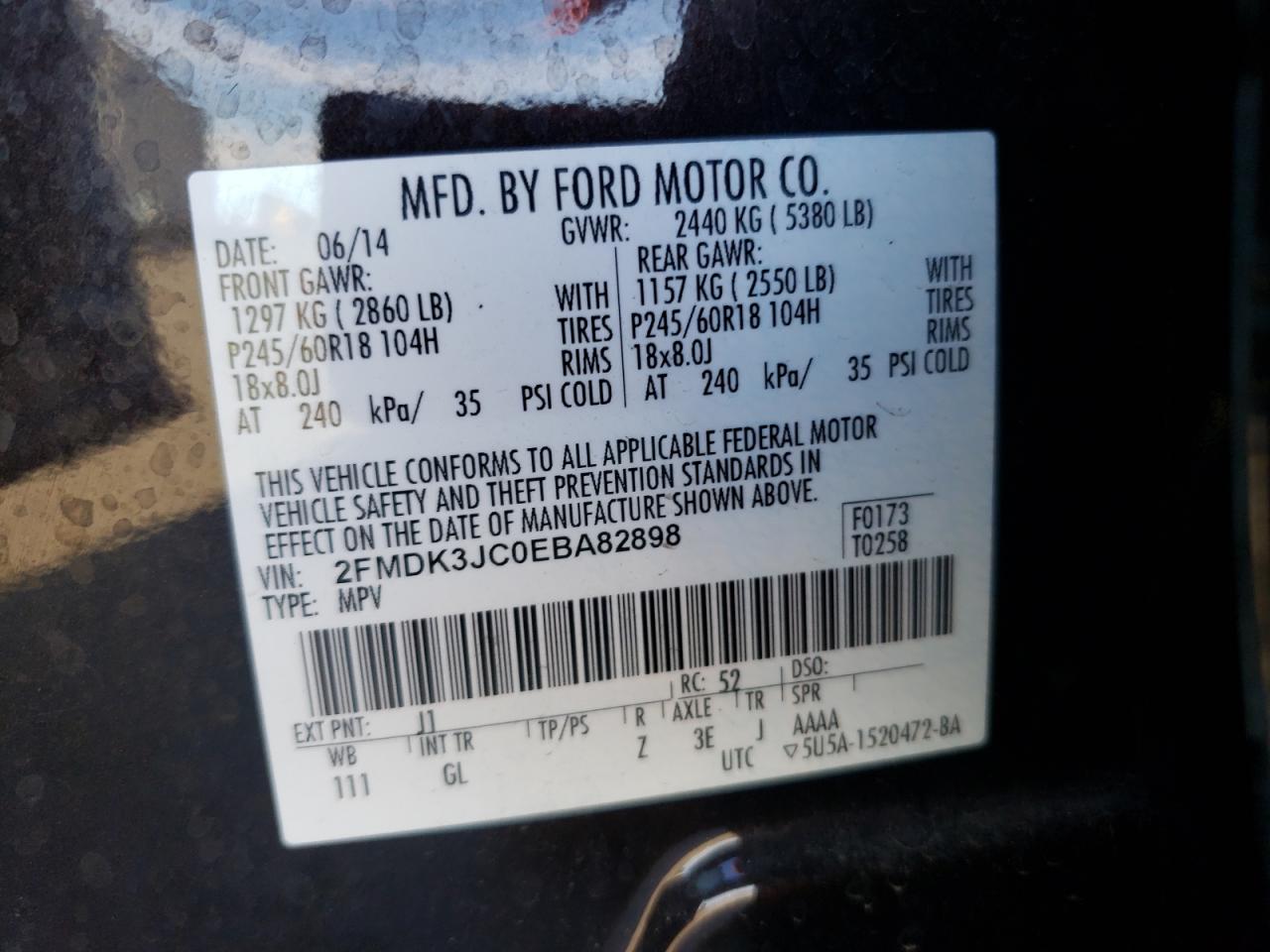 Photo 10 from auction – 2014 FORD EDGE SEL with VIN 2FMDK3JC0EBA82898