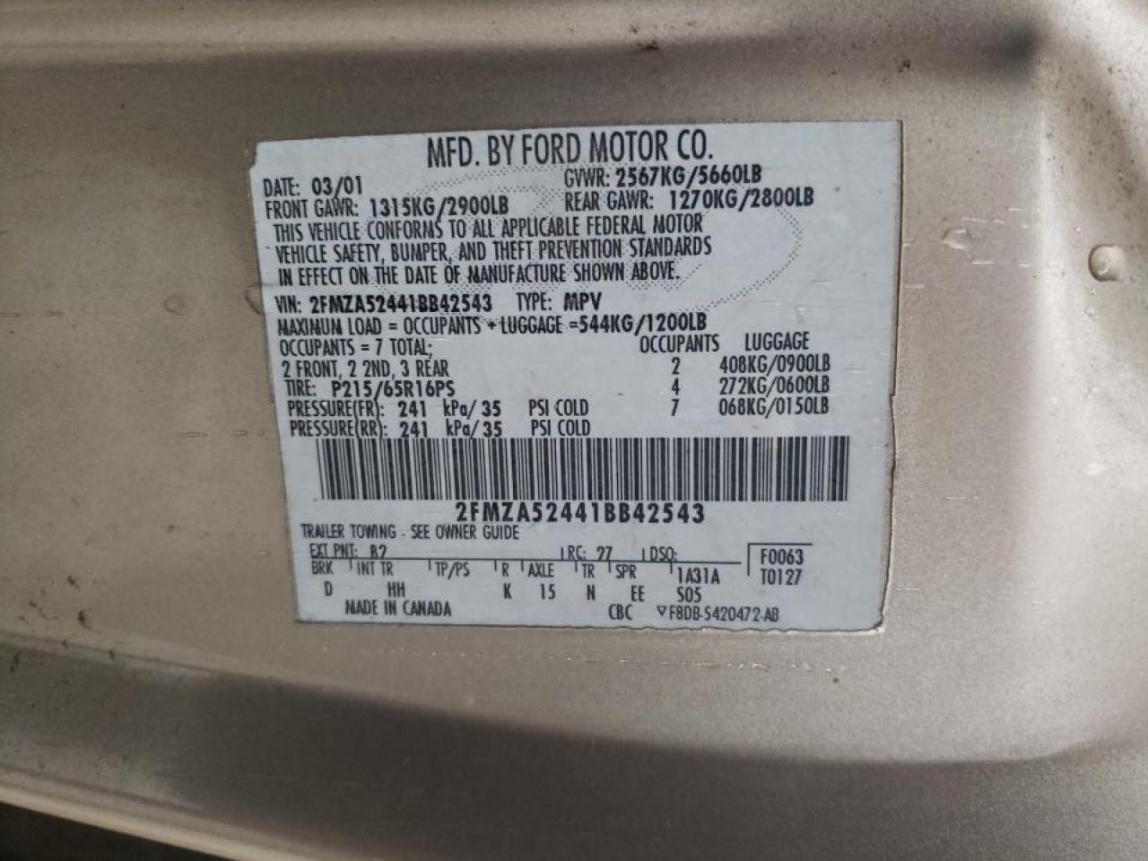 Photo 10 from auction – 2001 FORD WINDSTAR S with VIN 2FMZA52441BB42543