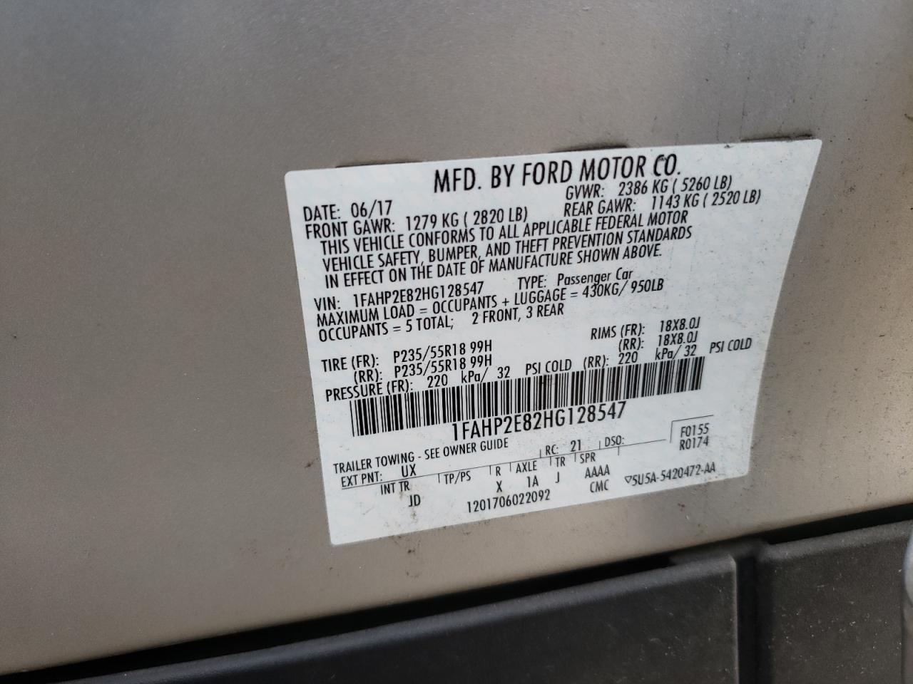 Photo 10 from auction – 2017 FORD TAURUS SEL with VIN 1FAHP2E82HG128547