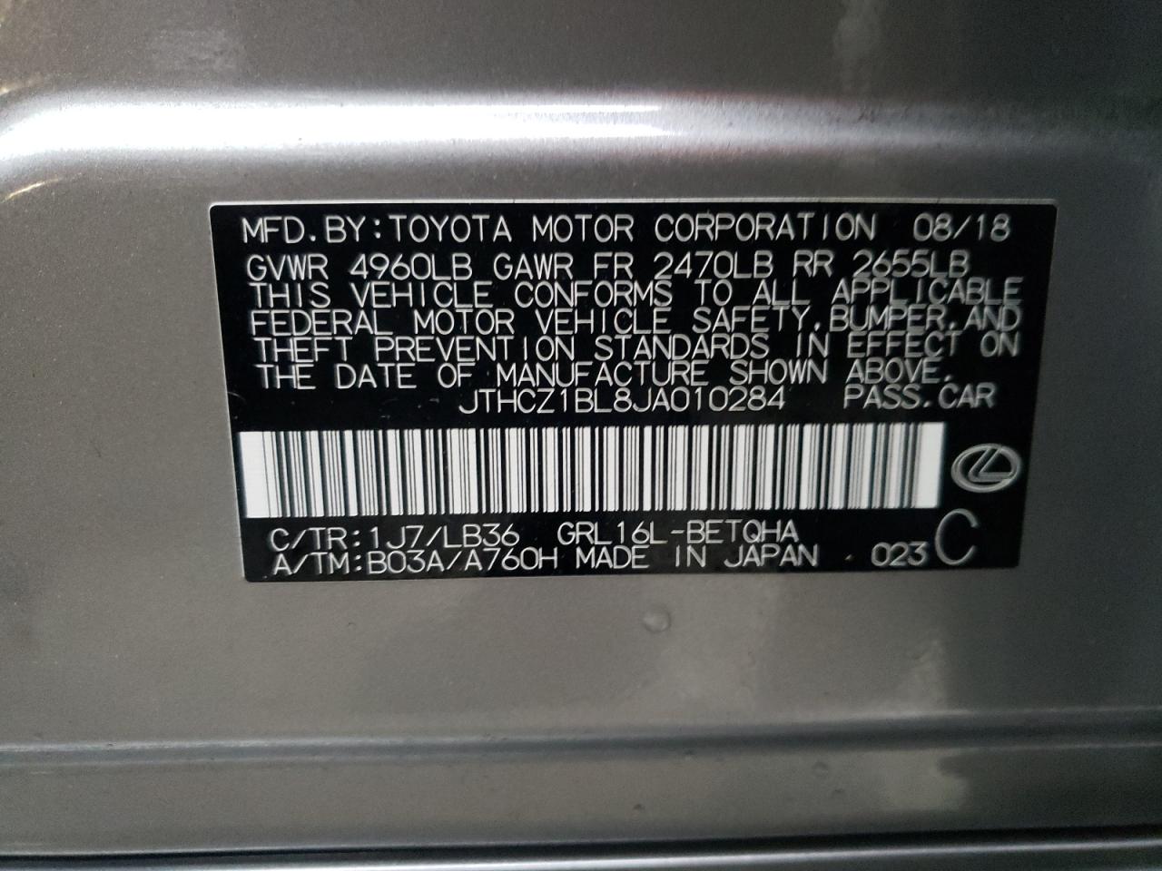 Photo 10 from auction – 2018 LEXUS GS 350 BAS with VIN JTHCZ1BL8JA010284