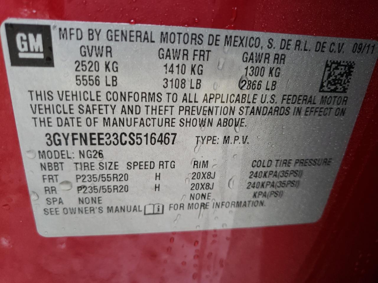 Photo 10 from auction – 2012 CADILLAC SRX PERFOR with VIN 3GYFNEE33CS516467