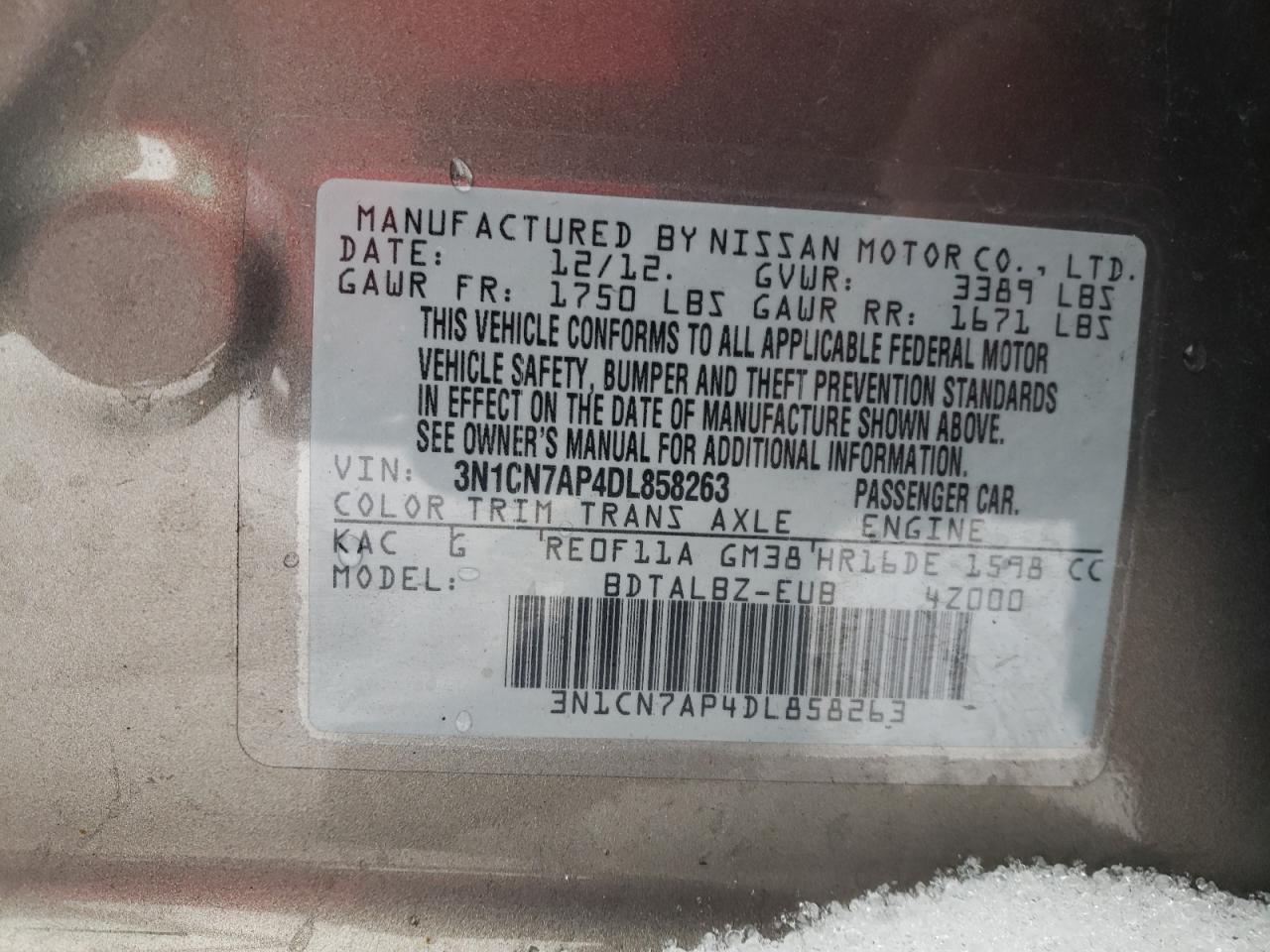 Photo 10 from auction – 2013 NISSAN VERSA with VIN 3N1CN7AP4DL858263