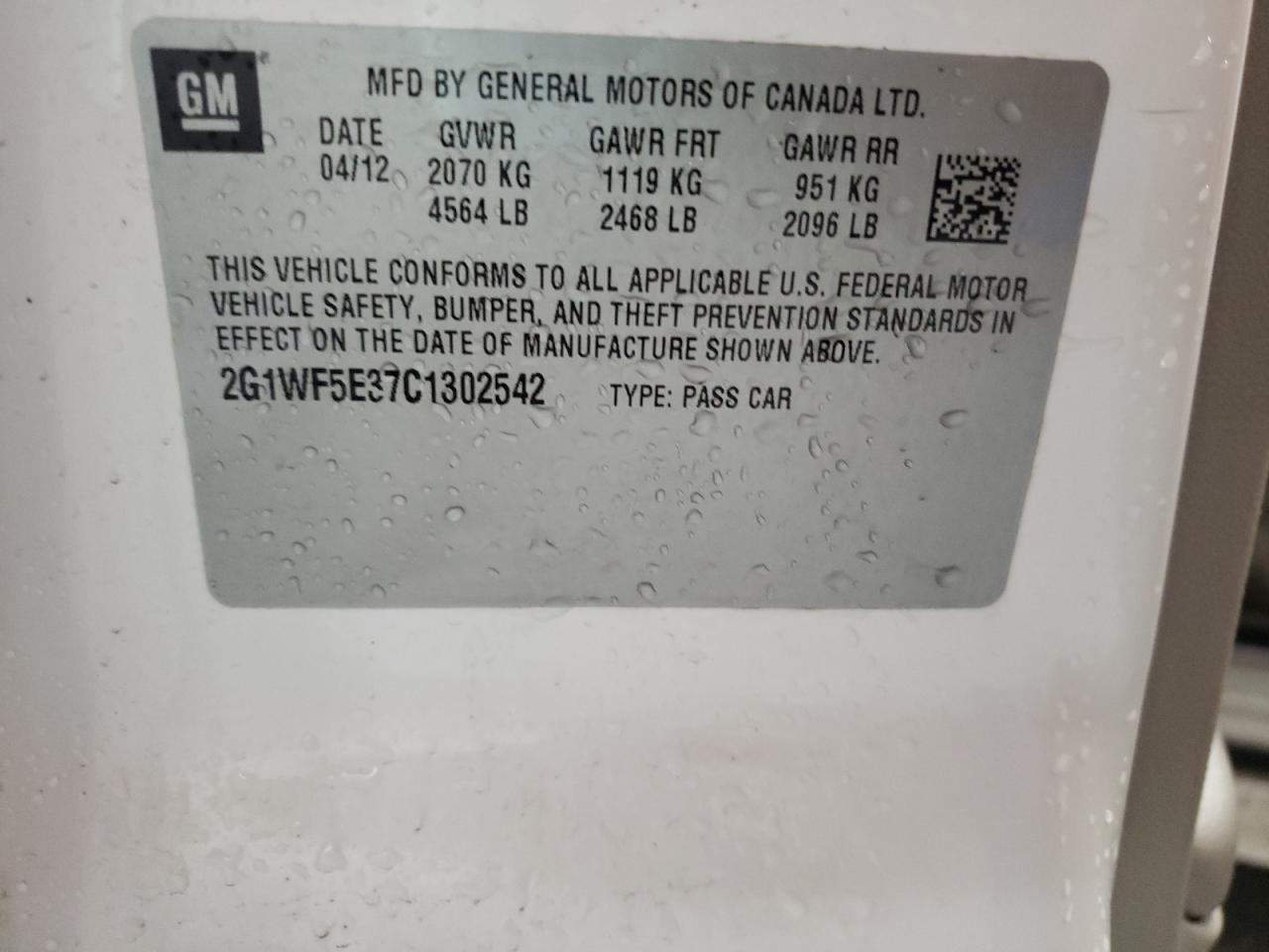 Photo 10 from auction – 2012 CHEVROLET IMPALA LS with VIN 2G1WF5E37C1302542