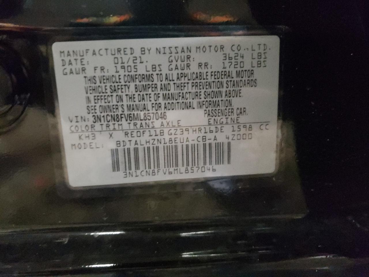 Photo 10 from auction – 2021 NISSAN VERSA SR with VIN 3N1CN8FV6ML857046