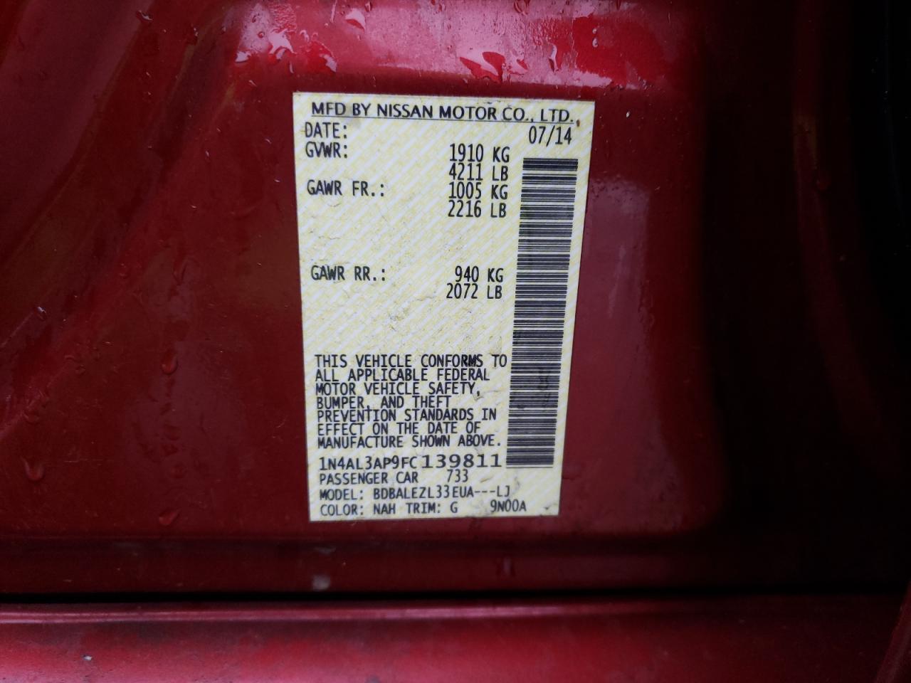 Photo 10 from auction – 2015 NISSAN ALTIMA 2.5 with VIN 1N4AL3AP9FC139811