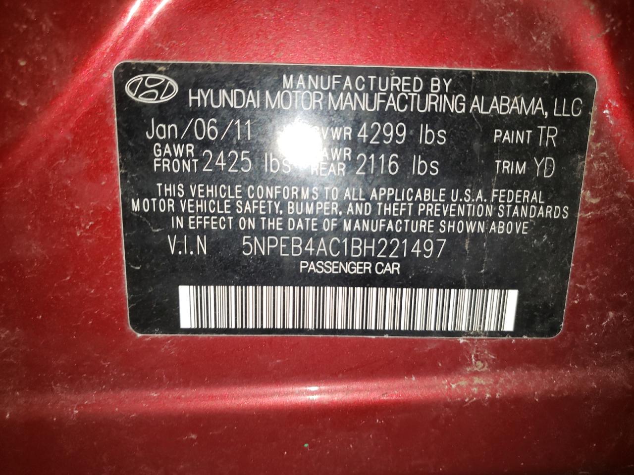 Photo 10 from auction – 2011 HYUNDAI SONATA GLS with VIN 5NPEB4AC1BH221497
