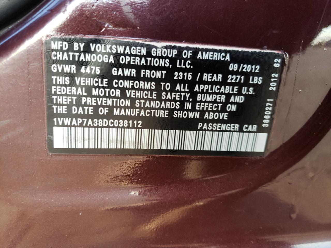 Photo 10 from auction – 2013 VOLKSWAGEN PASSAT S with VIN 1VWAP7A38DC038112