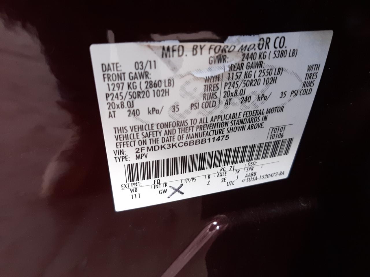 Photo 10 from auction – 2011 FORD EDGE LIMIT with VIN 2FMDK3KC6BBB11475