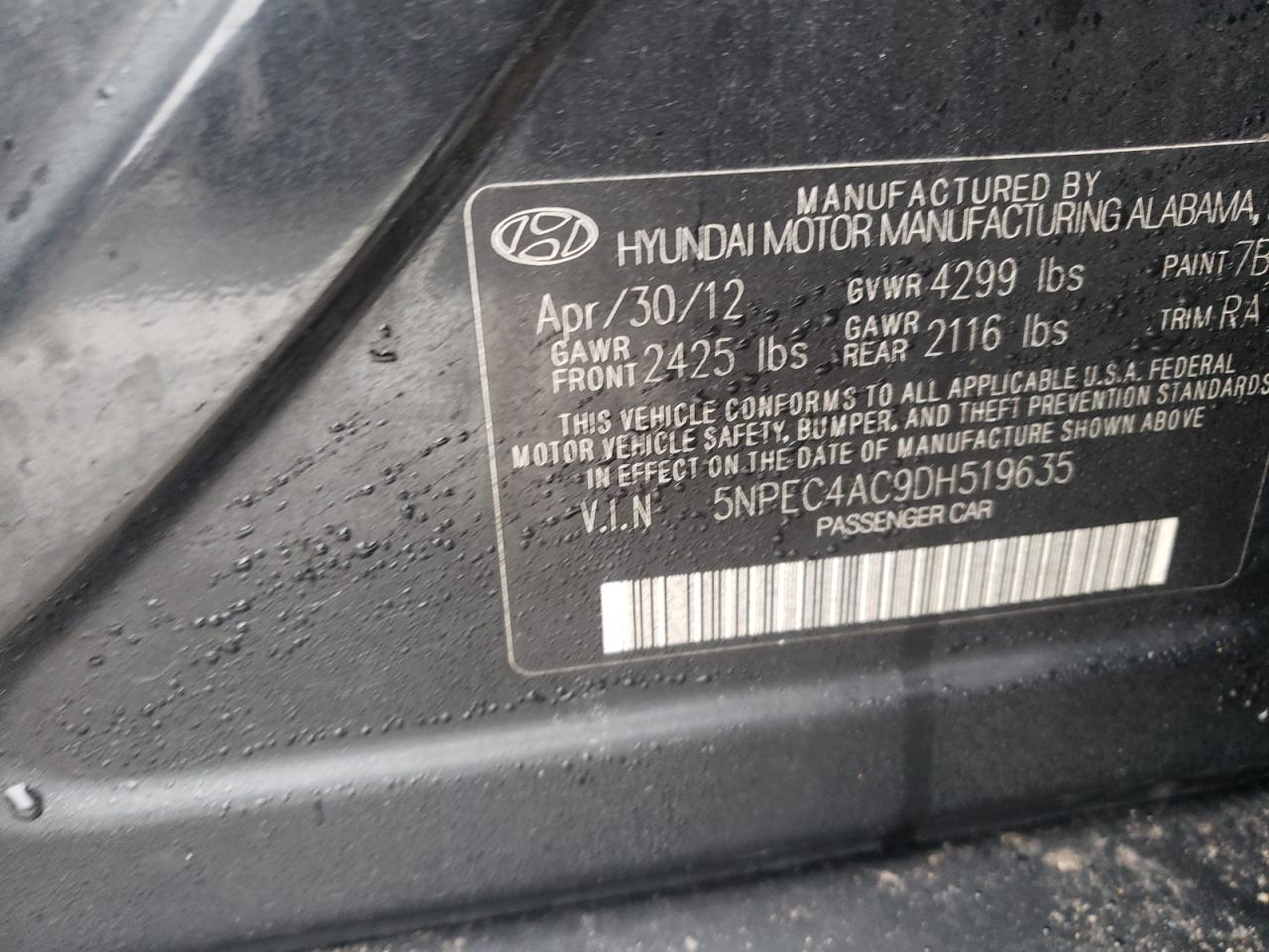 Photo 10 from auction – 2013 HYUNDAI SONATA SE with VIN 5NPEC4AC9DH519635