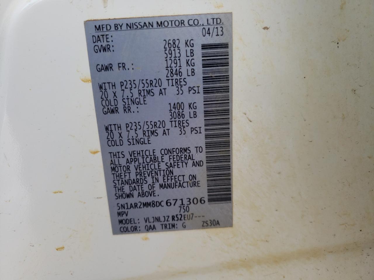 Photo 10 from auction – 2013 NISSAN PATHFINDER with VIN 5N1AR2MM8DC671306