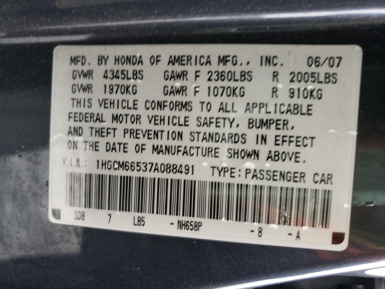 Photo 10 from auction – 2007 HONDA ACCORD EX with VIN 1HGCM66537A088491