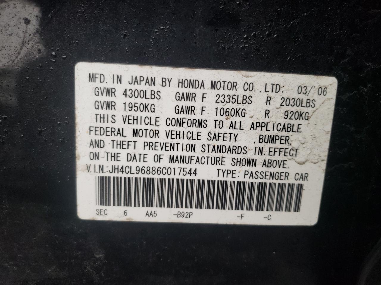 Photo 10 from auction – 2006 ACURA TSX with VIN JH4CL96886C017544