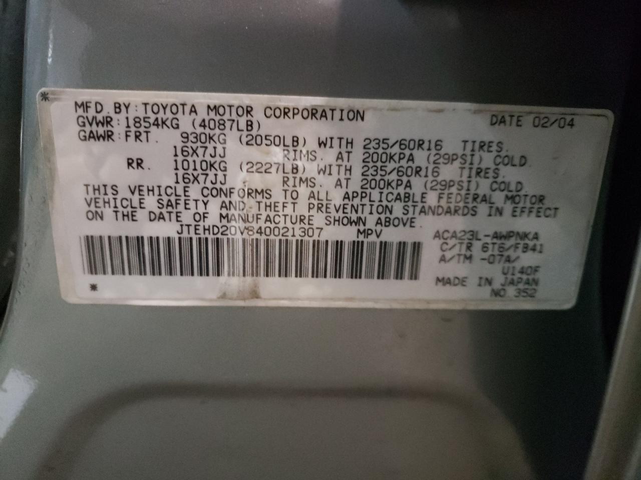 Photo 10 from auction – 2004 TOYOTA RAV 4 with VIN JTEHD20V840021307