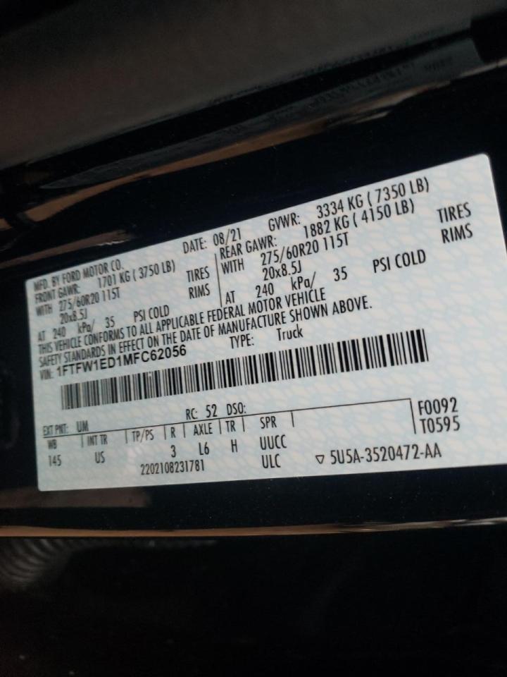 Photo 10 from auction – 2021 FORD F150 SUPER with VIN 1FTFW1ED1MFC62056