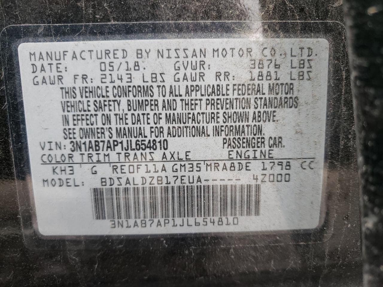 Photo 20 from auction – 2018 NISSAN SENTRA S with VIN 3N1AB7AP1JL654810